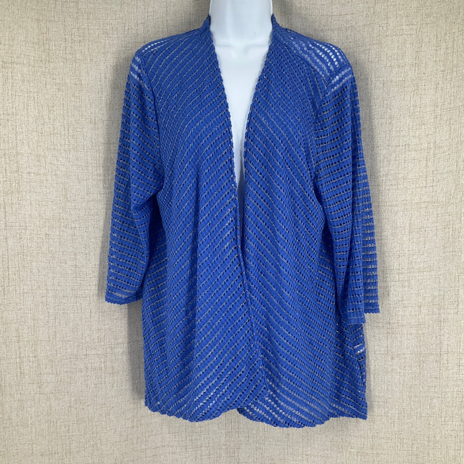 Chico's Travelers Cardigan Women Size 3 Blue Metallic Mesh Open Front 3/4 Airy